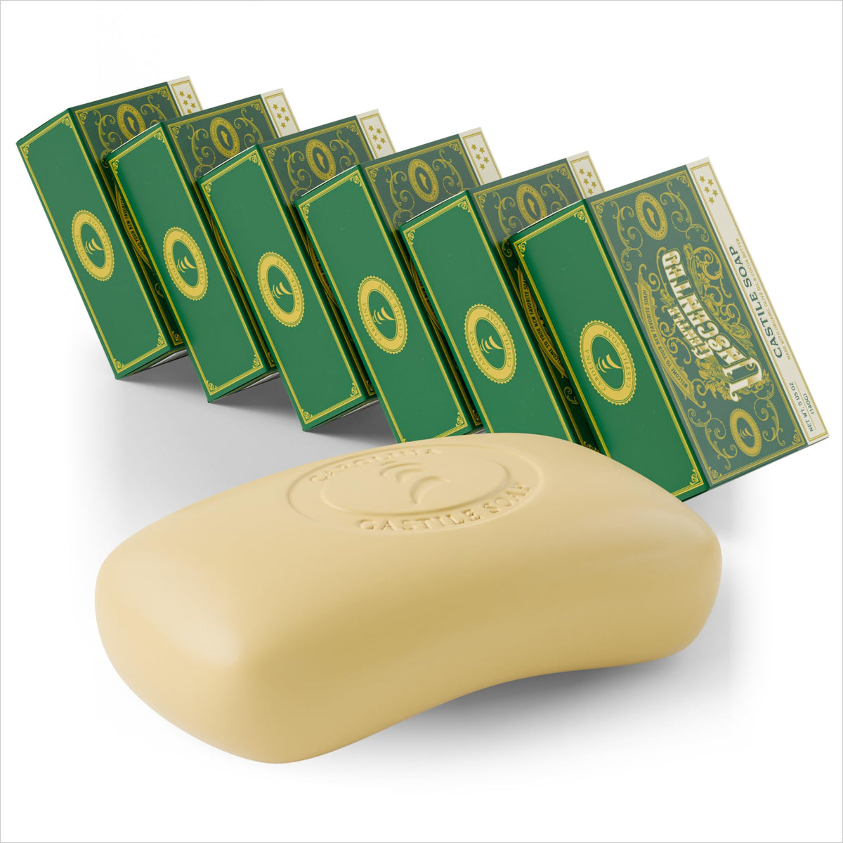 Carolina Castile Soap front packaging showing six unscented bars and product benefit
