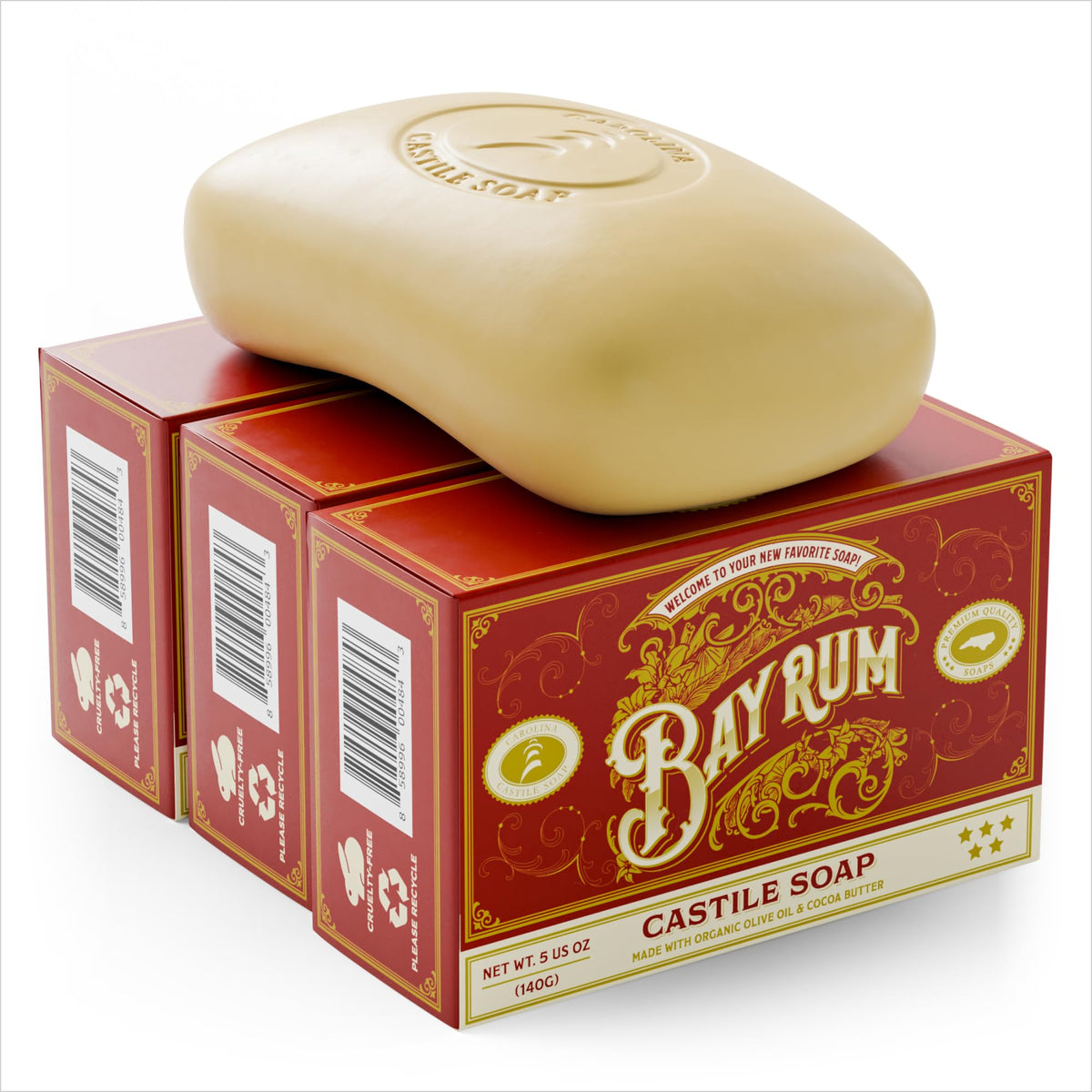 Carolina Castile Soap front packaging showing three bars and bay rum scent benefit