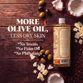 Carolina Castile Soap ingredients display of olive oil and cocoa butter benefits