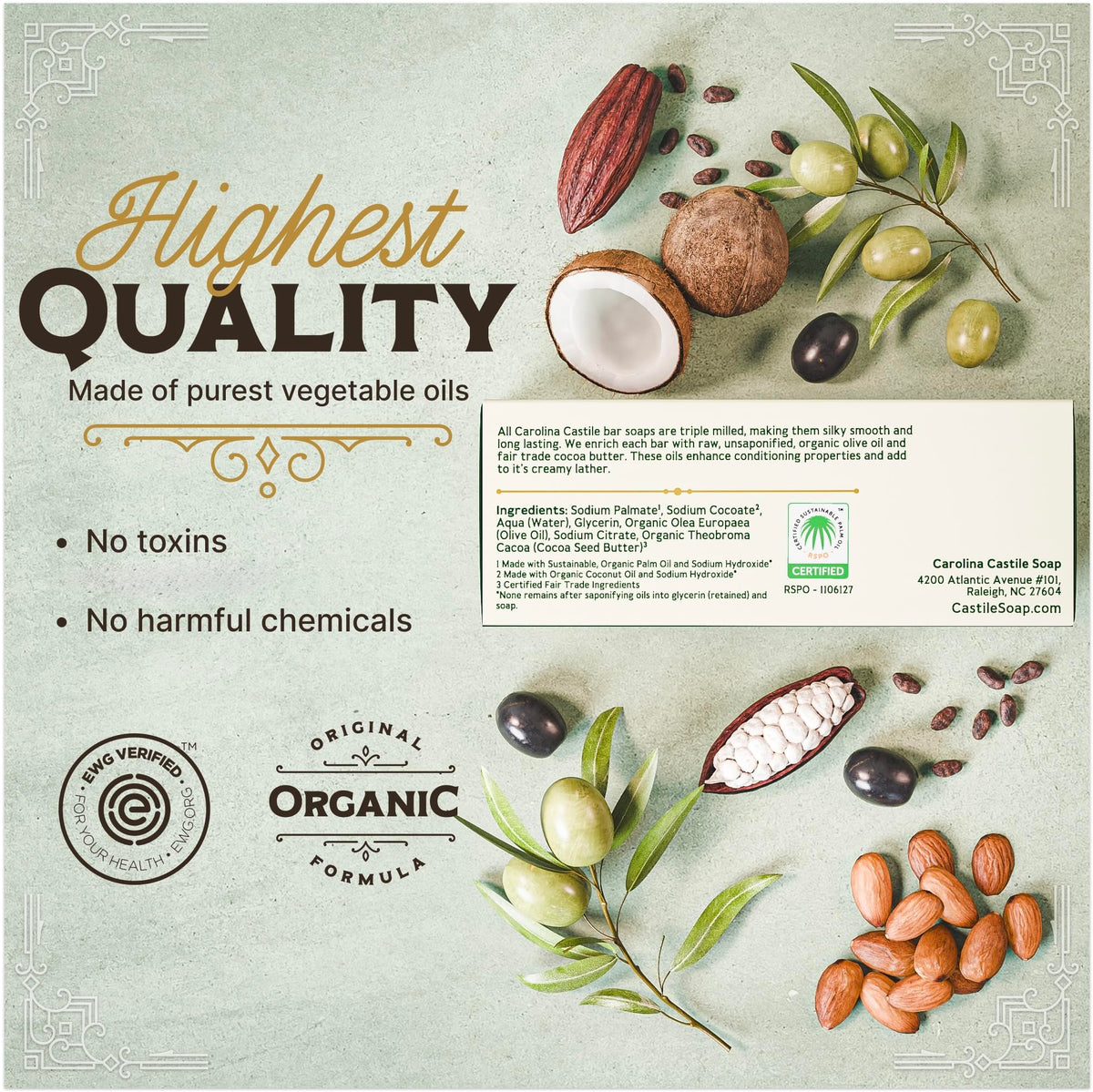 Carolina Castile Soap ingredients display of olive oil cocoa butter showing nourishing oils