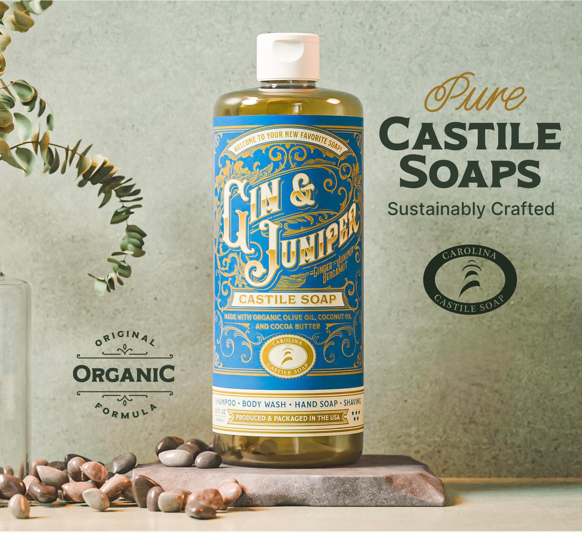 Carolina Castile Soap pump close-up with lather showing creamy non-drying benefit