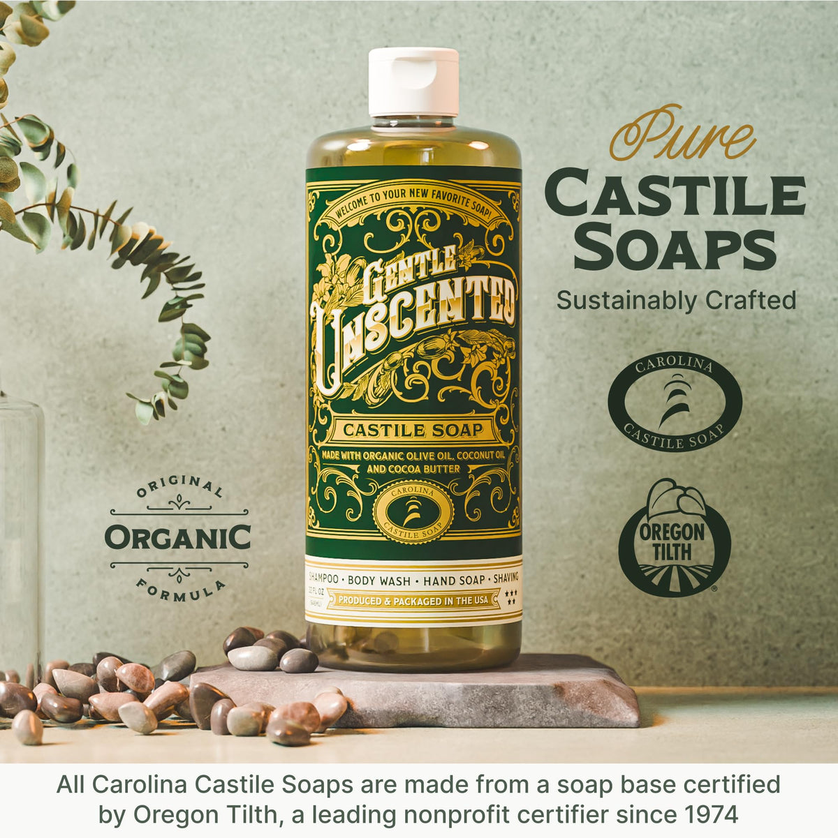 Carolina Castile Soap refill bottle and dispenser promoting sustainable refill option
