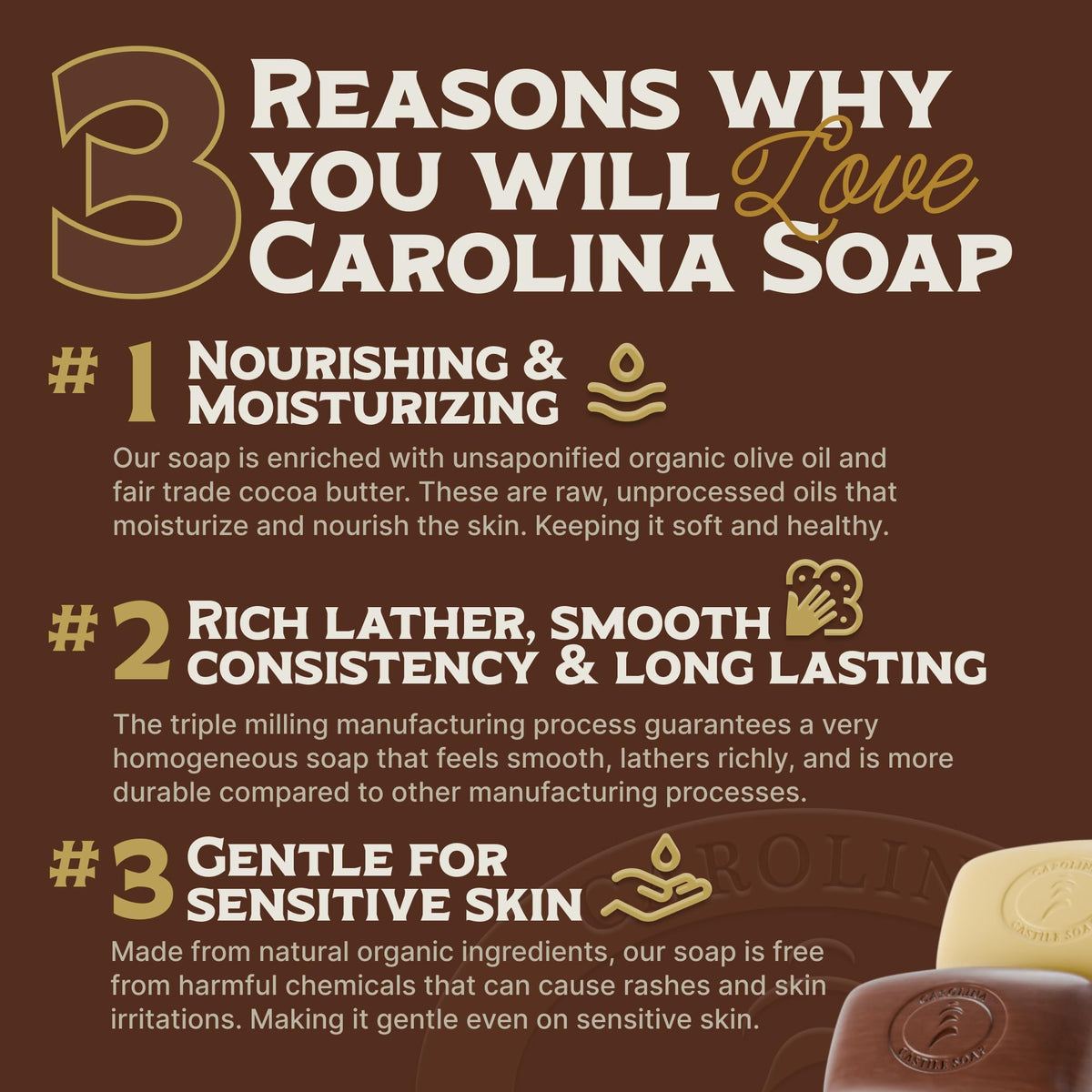 Carolina Castile Soap texture close-up highlighting triple-milled firmness and longevity