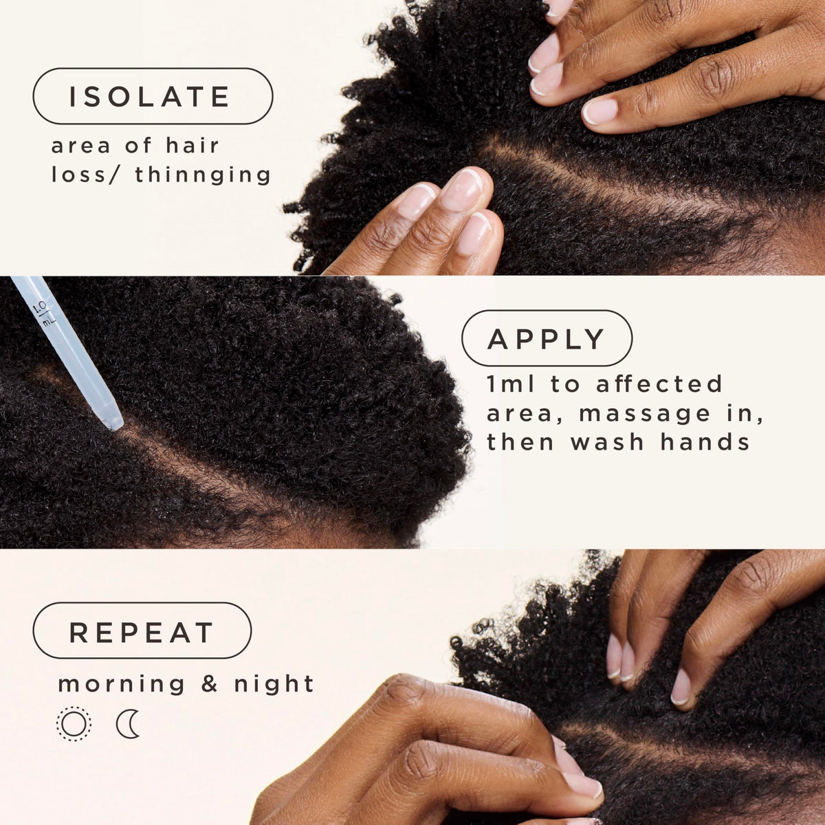 Carol's Daughter applying solution to part line illustrating targeted scalp treatment