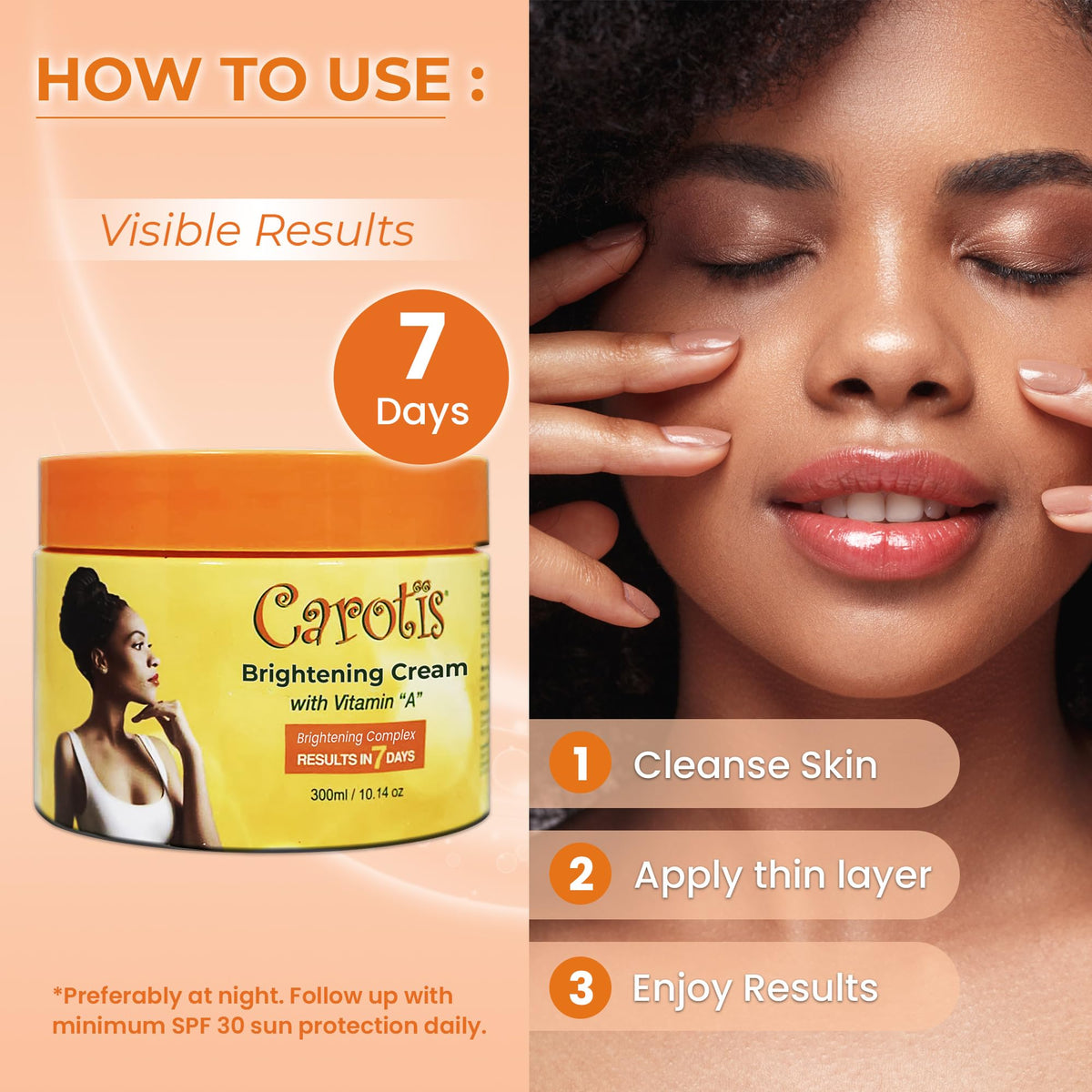 CAROTÏS applied in nighttime routine demonstrating targeted brightening benefit