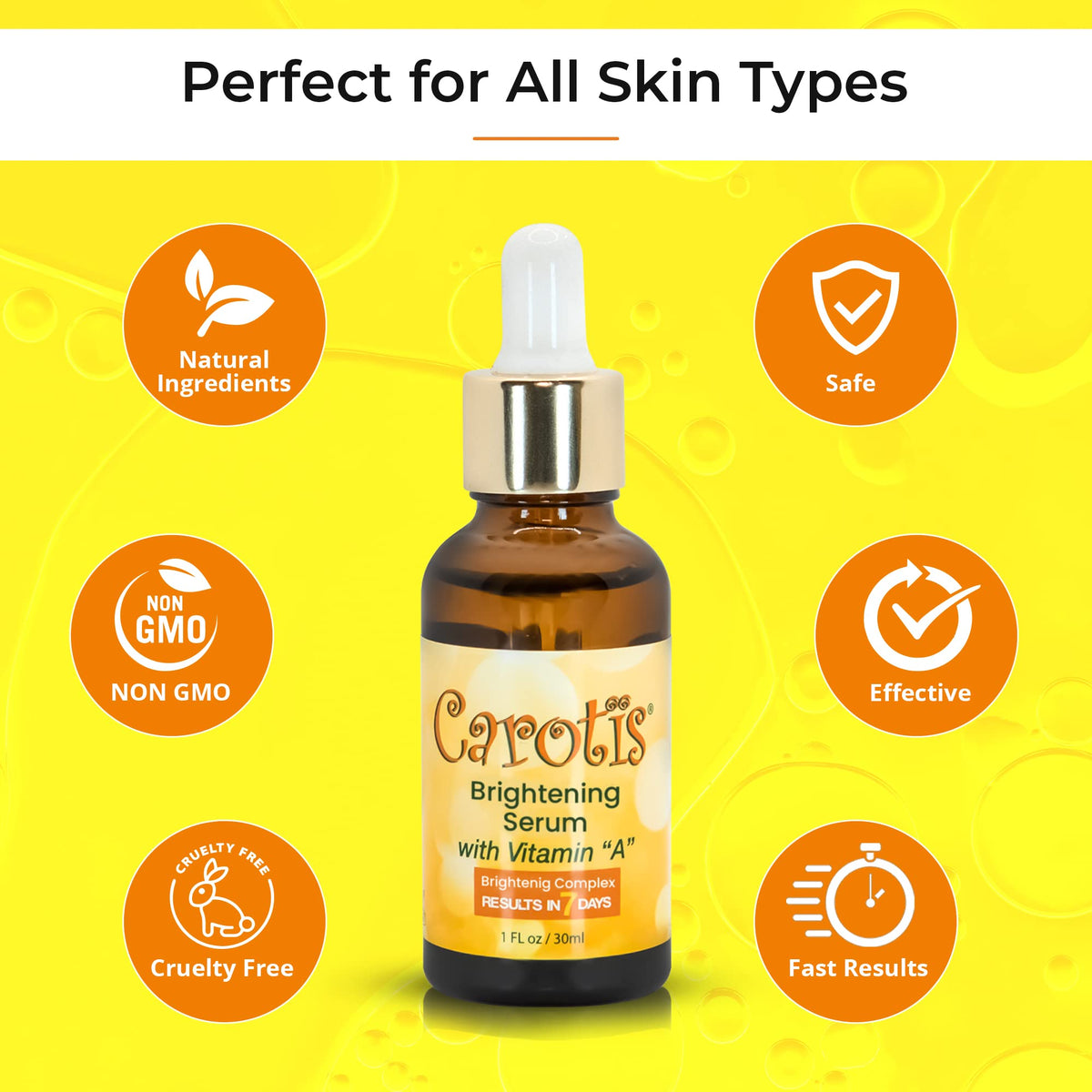 CAROTÏS bottle beside coin showing 30 ml size and travel-friendly benefit