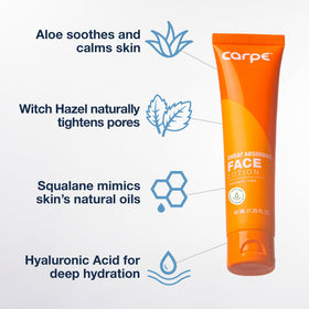 Carpe applying lotion to forehead, reduces sweat and oil benefit