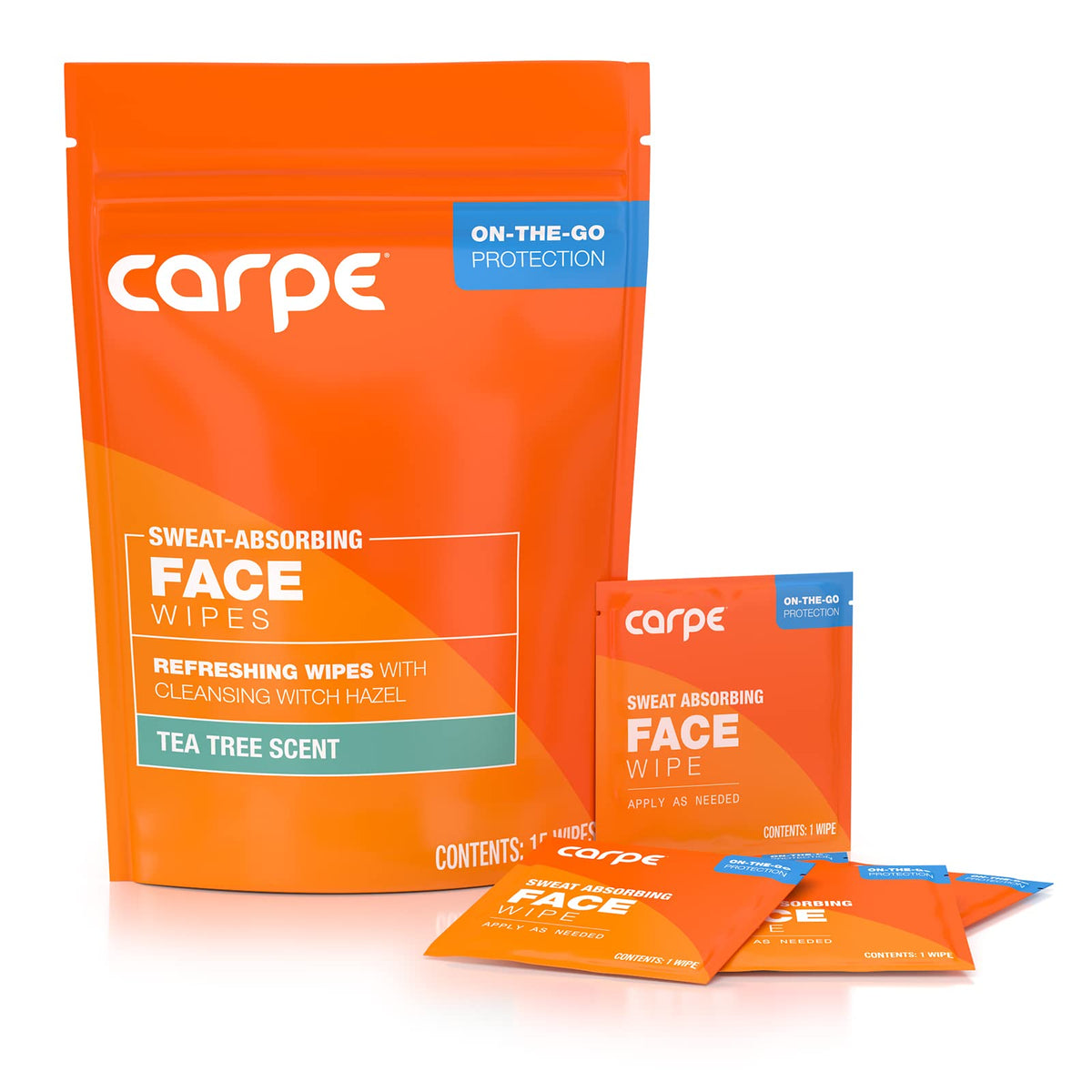 Carpe front packaging showing 15 individually wrapped sweat-absorbing wipes for convenience