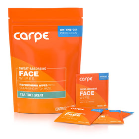 Carpe front packaging showing 15 individually wrapped sweat-absorbing wipes for convenience