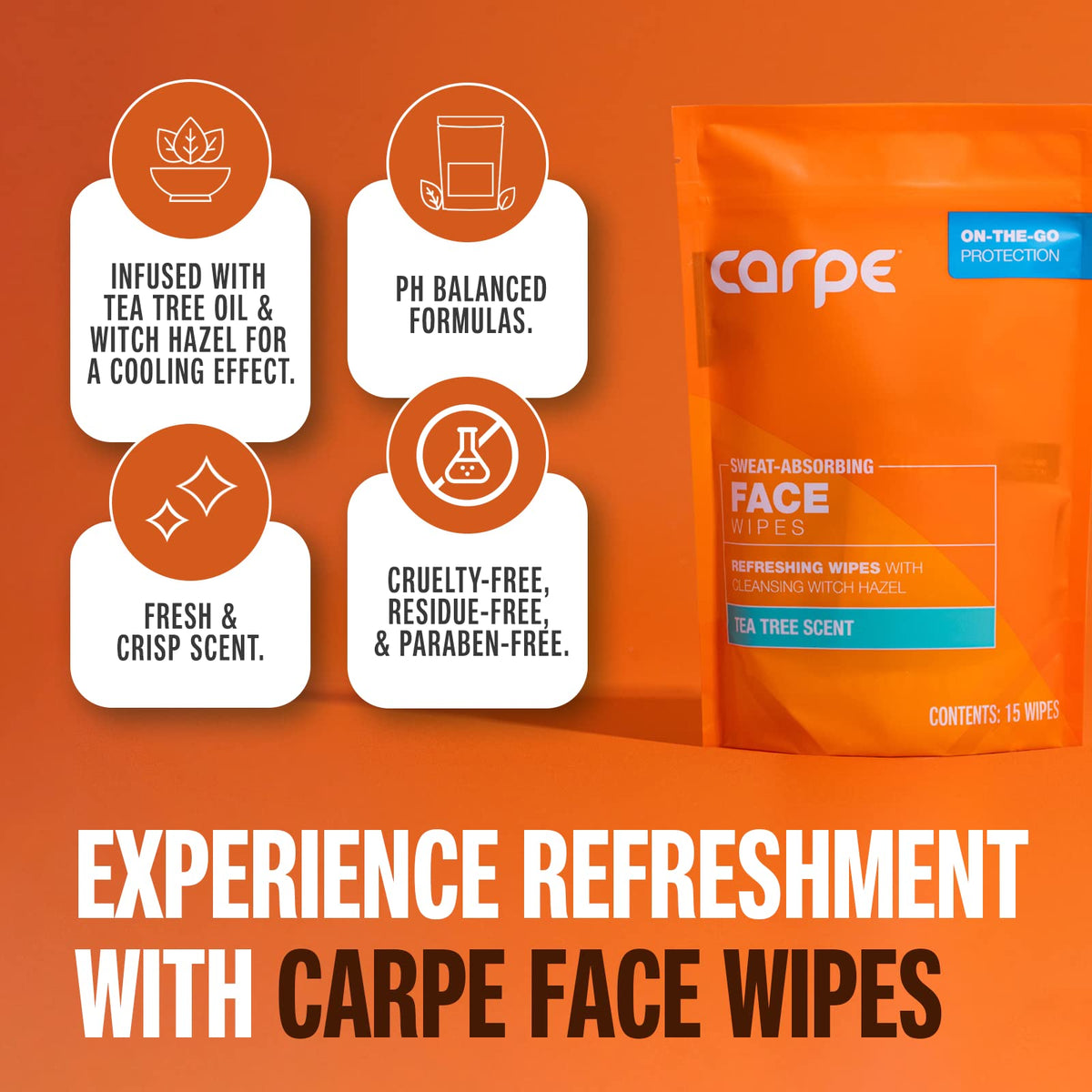 Carpe single unfolded wipe highlighting large coverage and quick sweat removal benefit