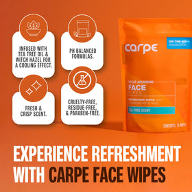 Carpe single unfolded wipe highlighting large coverage and quick sweat removal benefit