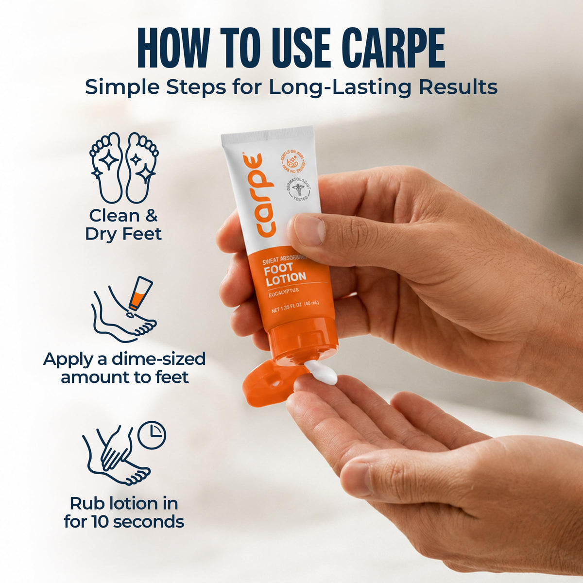 Carpe lotion spread between toes showing reduced moisture areas