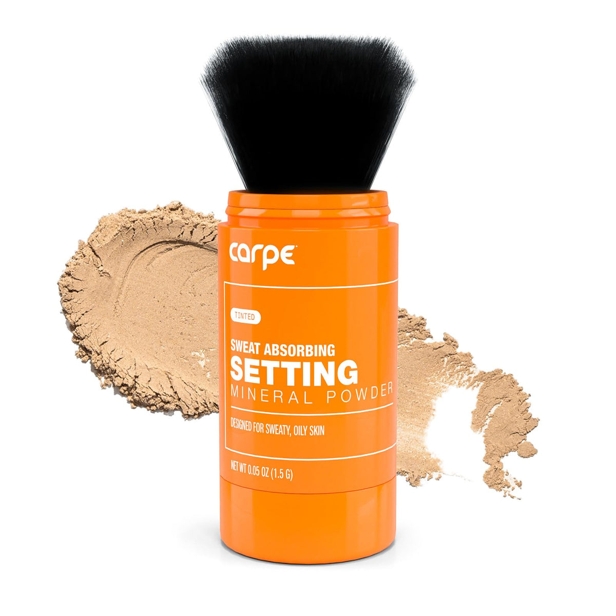 Carpe front packaging showing translucent powder and clean matte branding benefit