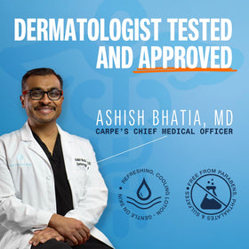Carpe label close-up highlighting dermatologist-developed formula
