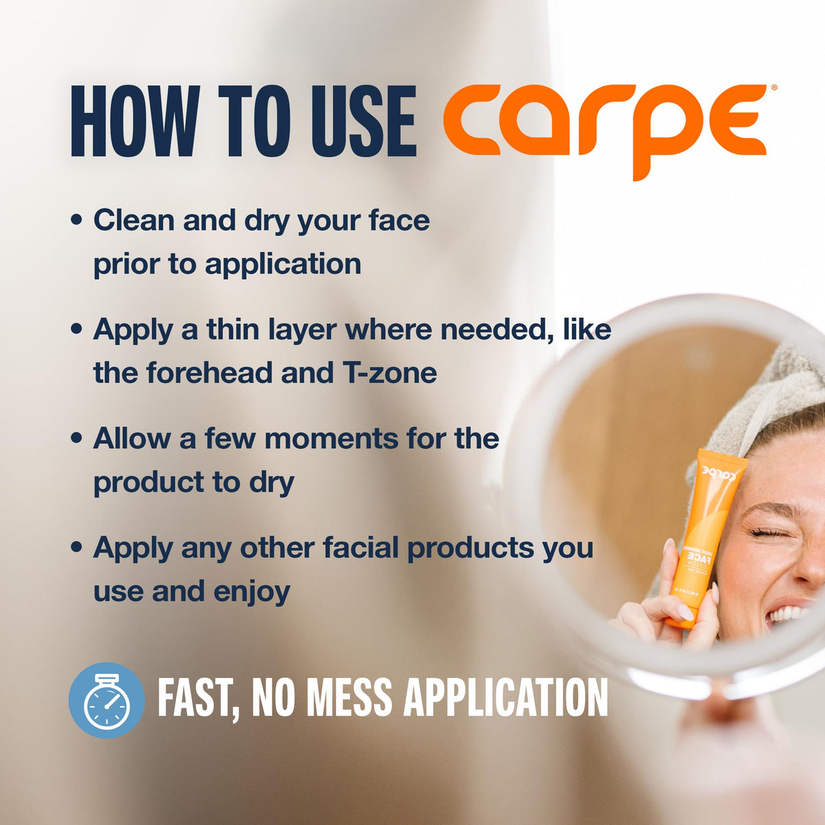 Carpe label and ingredient list, highlights hyaluronic acid and squalane benefit