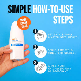 Carpe scrub placed in a shower scene demonstrating daily-use freshness