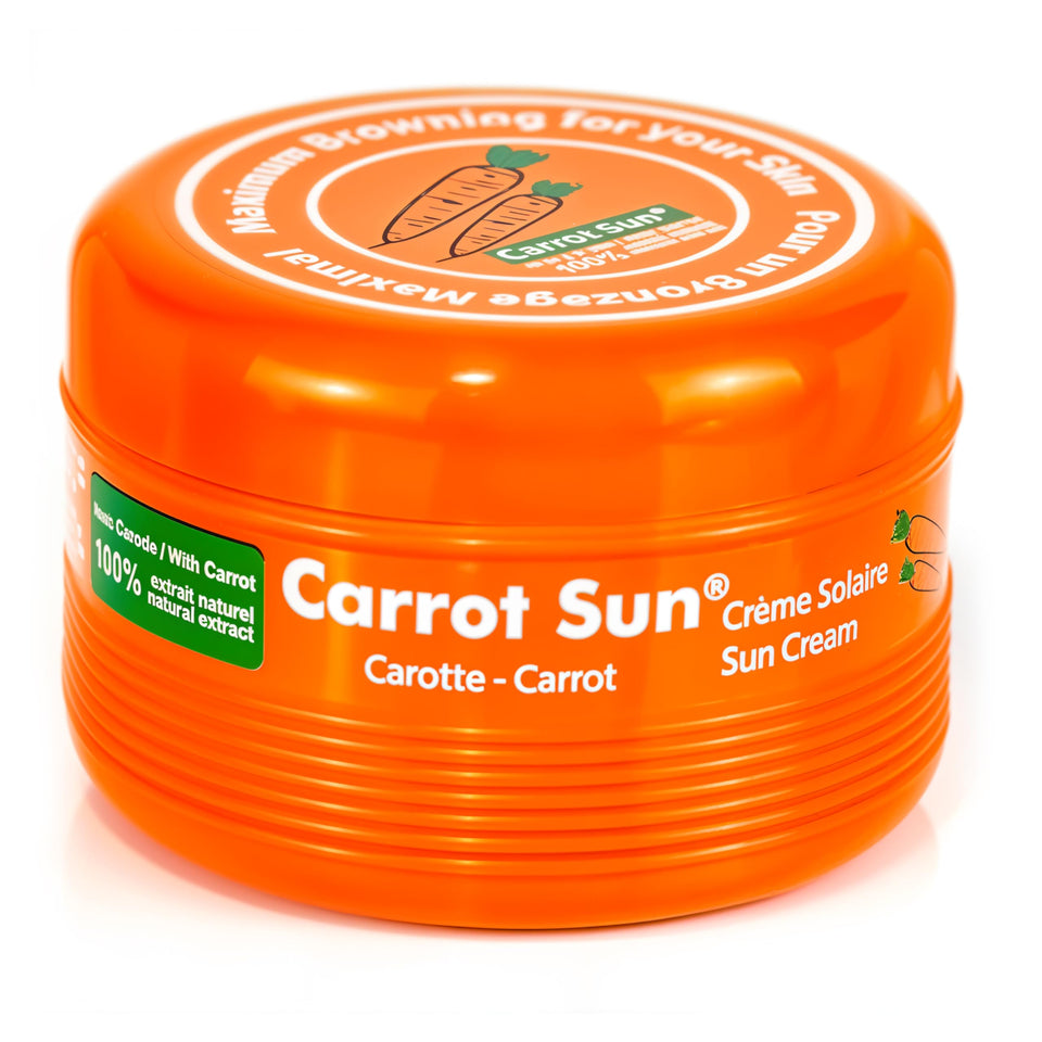 Carrot Sun front packaging showing 350ml bottle and orange gel benefit quick results