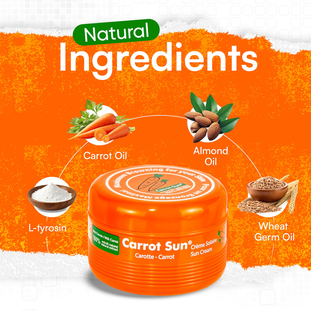 Carrot Sun bottle beside sunglasses showing 350ml scale and travel-friendly benefit
