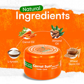 Carrot Sun bottle beside sunglasses showing 350ml scale and travel-friendly benefit