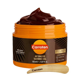 Carroten front packaging showing intensive tanning gel, promotes fast bronzing