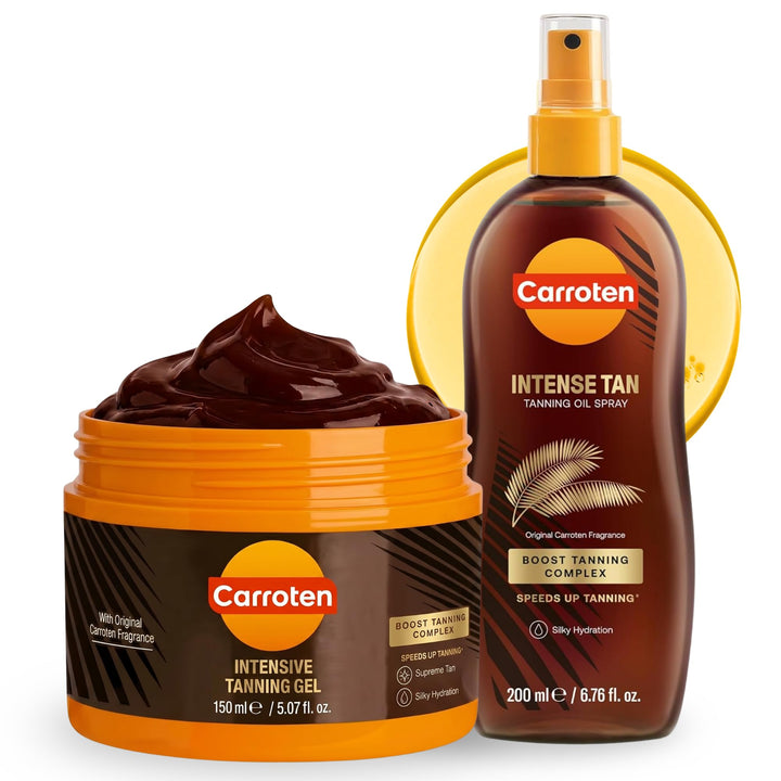 Carroten front packaging showing both tanning gel and oil for deeper tan