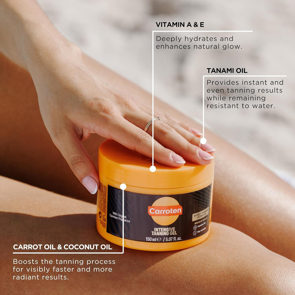 Carroten carrot and coconut oil ingredients displayed, boosts skin nourishment