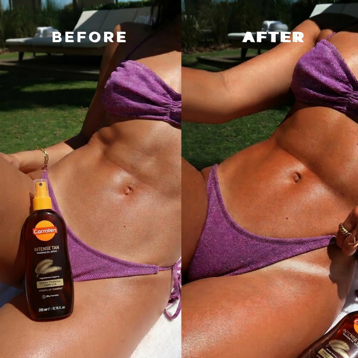 Carroten spray nozzle dispensing tanning oil, convenient application and quick coverage