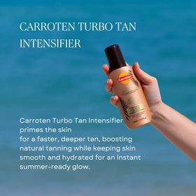 Carroten Intensive Tanning Gel tube detail showing non-greasy texture benefit