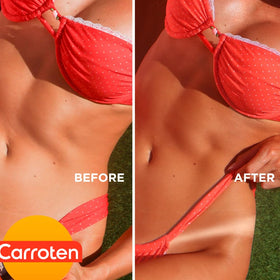 Carroten applied on beach showcasing radiant tan enhancement and hydration