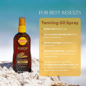 Carroten oil styled on beach towel, lifestyle image showing travel-friendly use