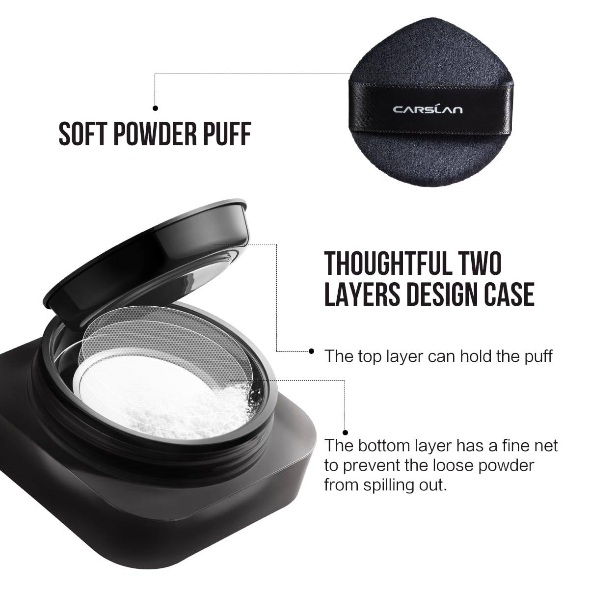 CARSLAN size scale next to hand showing portable jar for on-the-go touch-ups