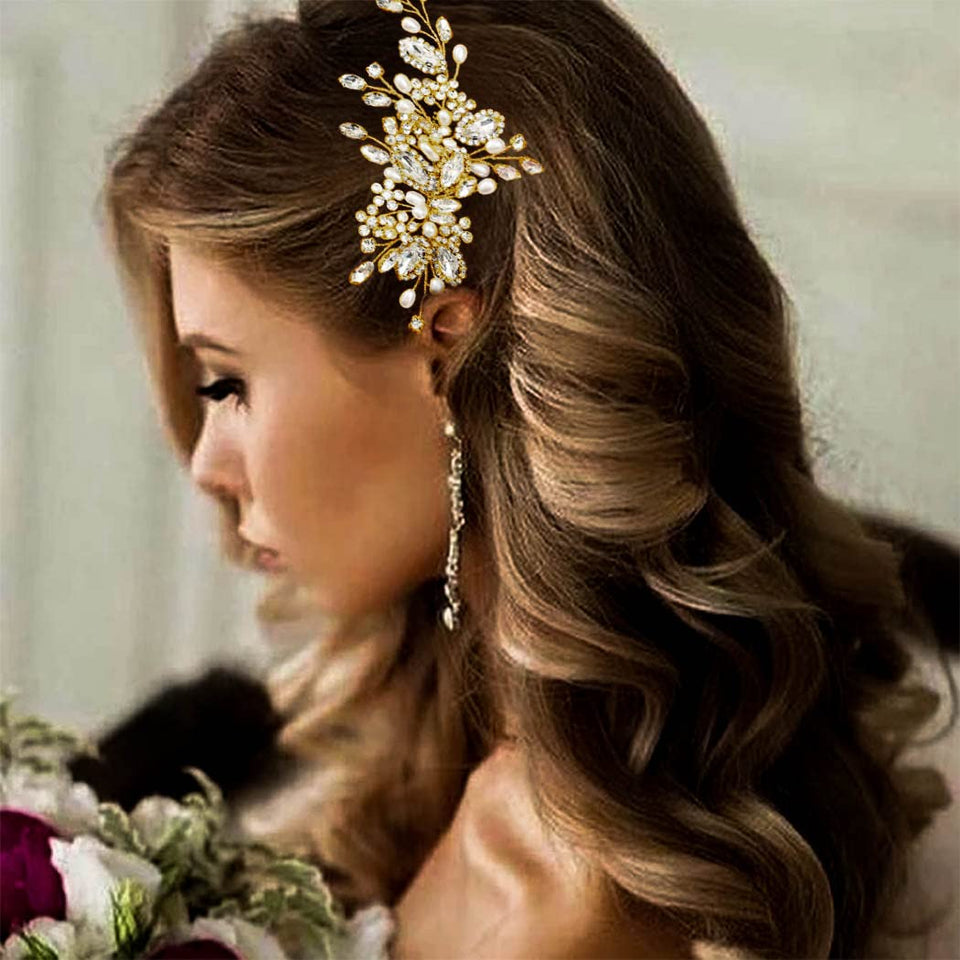 CASDRE front view of gold bridal hair comb showing elegant pearls and crystals for sparkle