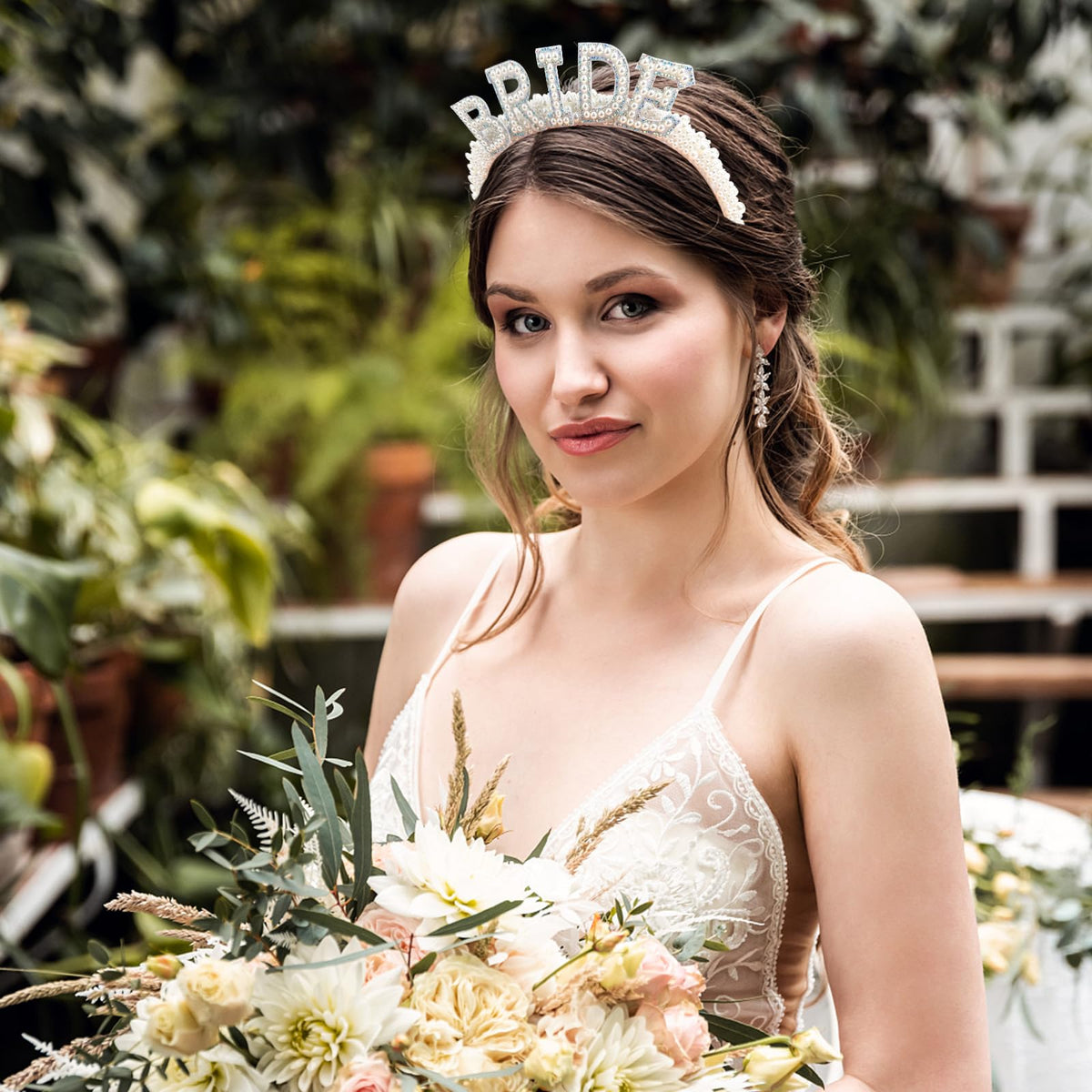 Casoty headband worn by bride demonstrating polished hairstyle enhancement