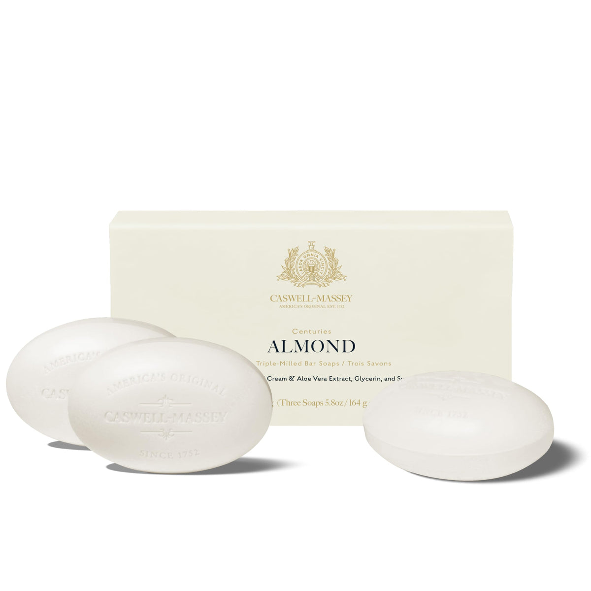 Caswell-Massey front packaging showing three almond soap bars and brand prestige