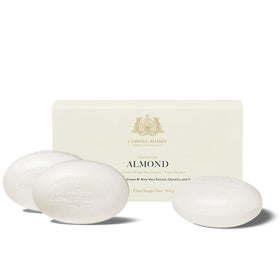 Caswell-Massey front packaging showing three almond soap bars and brand prestige