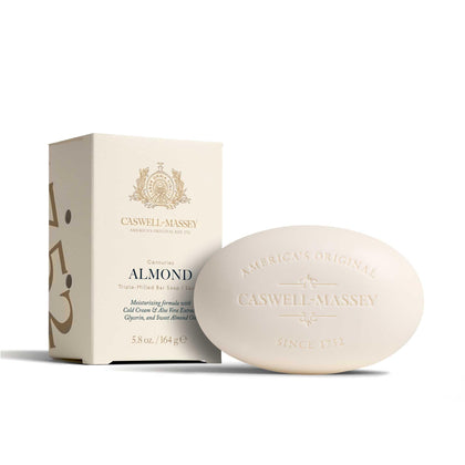 Caswell-Massey almond bar front showing brand and clean aesthetic benefits moisturizing
