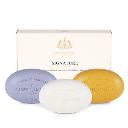Caswell-Massey front packaging showing three fragrance bars and gift-ready look