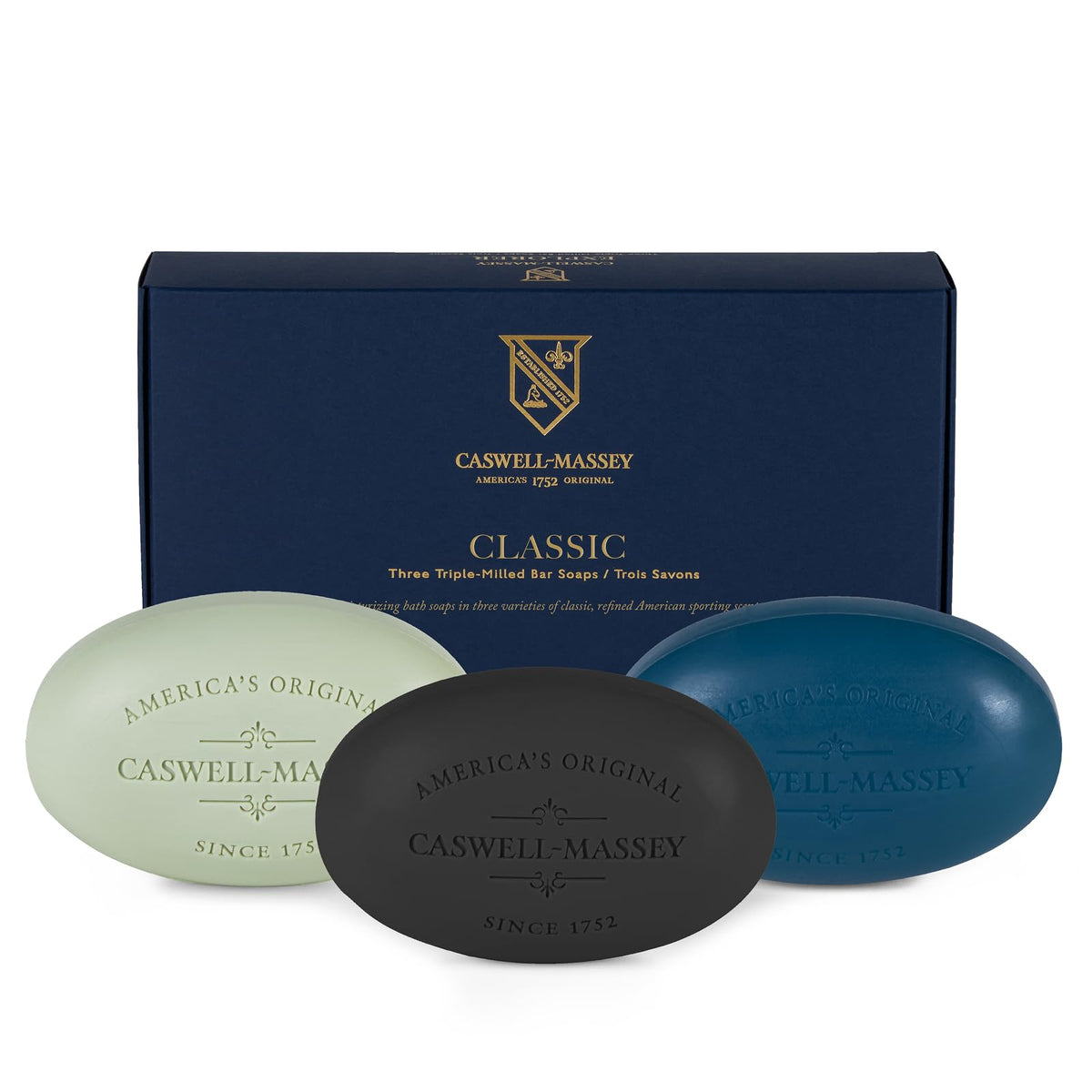 Caswell-Massey front packaging showing three-scent set and elegant presentation
