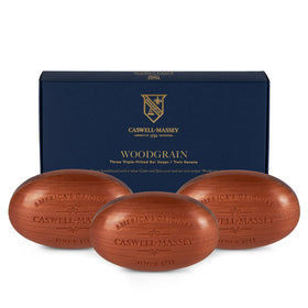 Caswell-Massey front packaging showing three woodgrain sandalwood bars and elegant branding, highlighting heritage quality