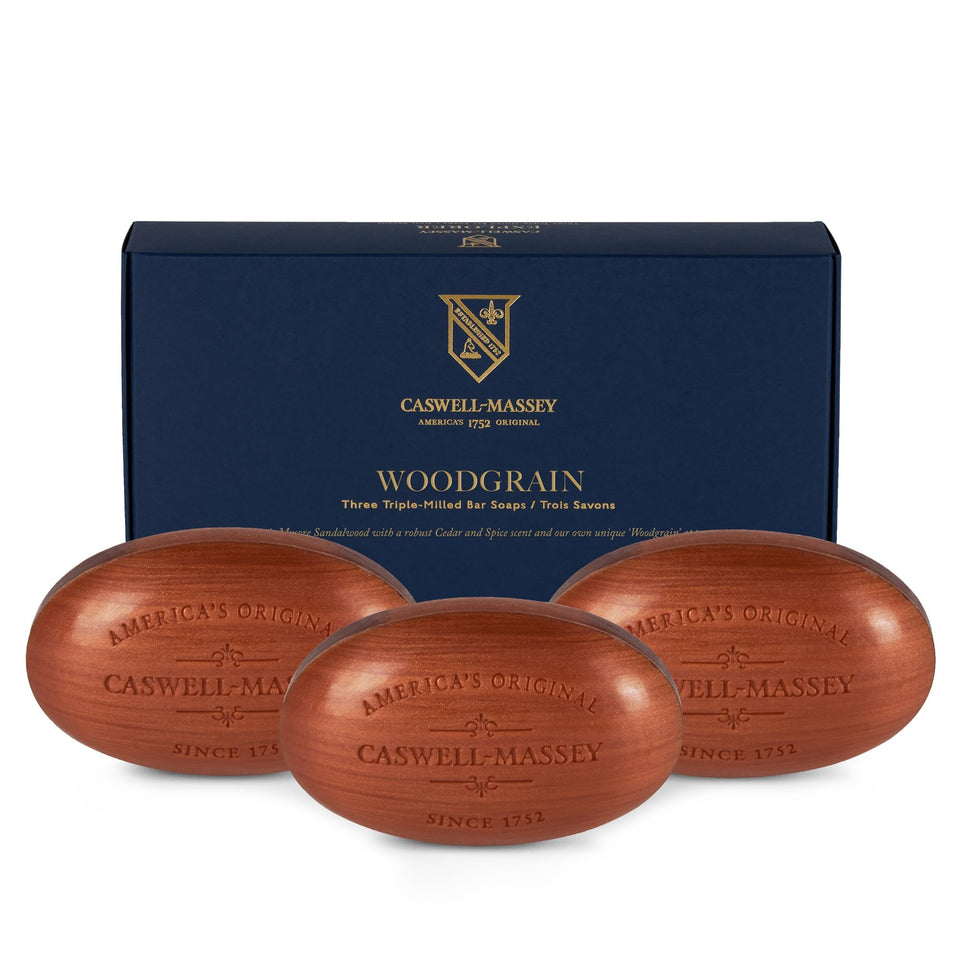 Caswell-Massey front packaging showing three woodgrain sandalwood bars and elegant branding, highlighting heritage quality