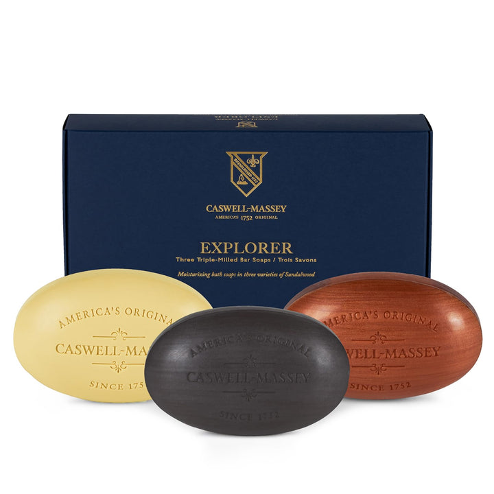 Caswell‑Massey front packaging showing woodgrain sandalwood appeal and gifting benefit