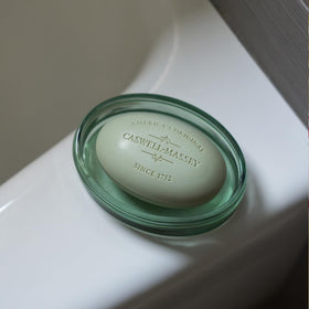 Caswell-Massey ingredient list close-up, showing plant-based formulation benefits