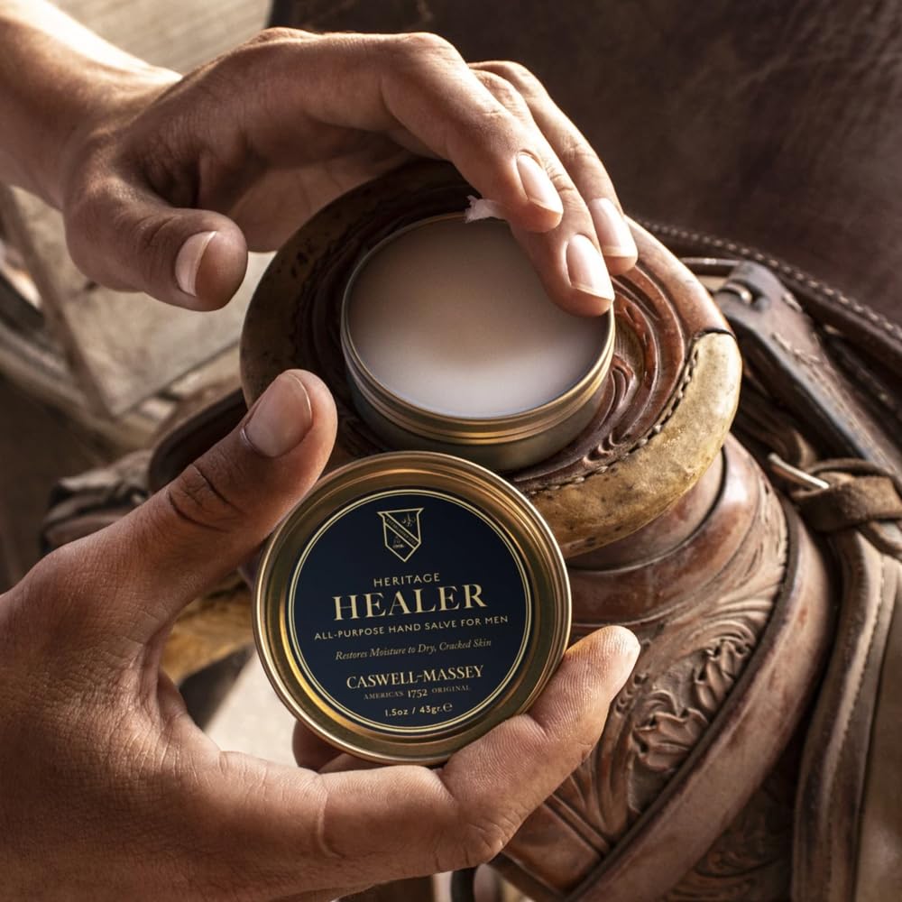 Caswell-Massey tin in a daily bag scene emphasizing convenient on-the-go skin care