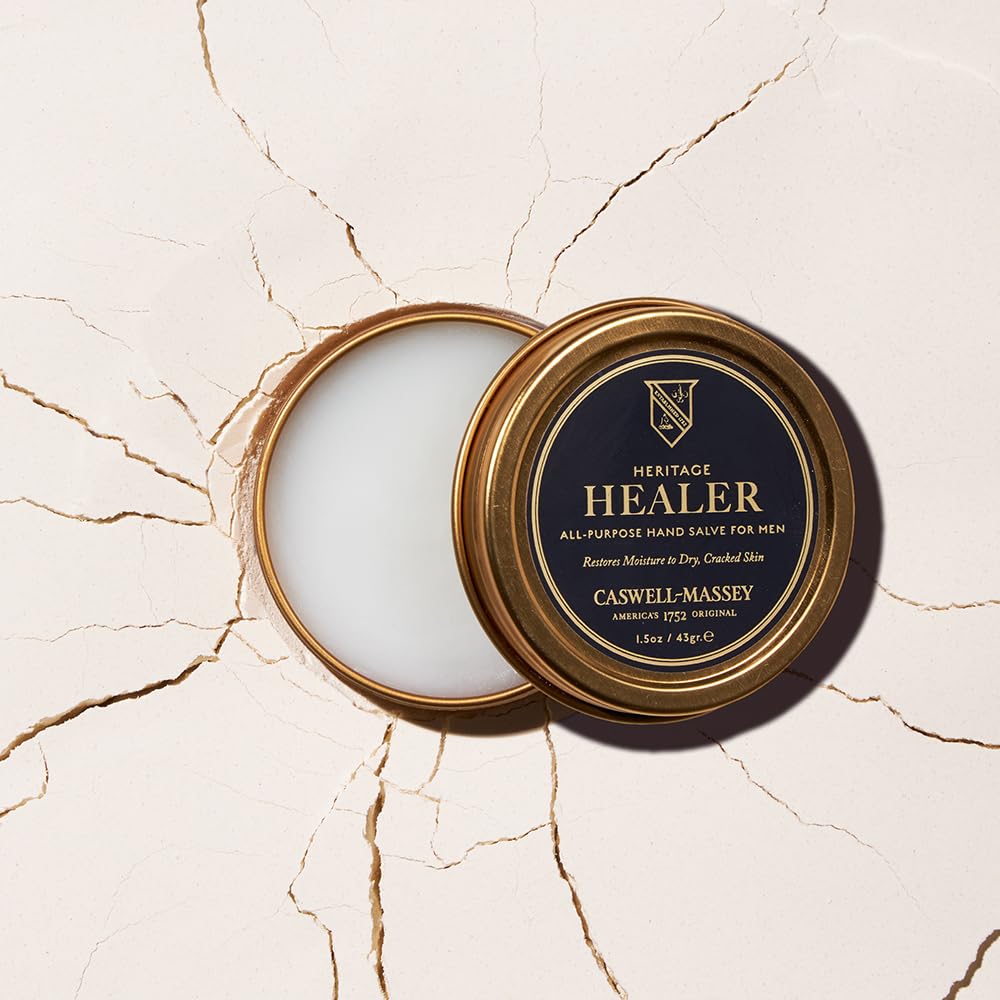 Caswell-Massey salve texture close-up highlighting creamy beeswax barrier and smooth spread