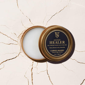 Caswell-Massey salve texture close-up highlighting creamy beeswax barrier and smooth spread