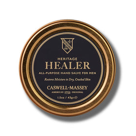 Caswell-Massey tin front view showing label and compact design for easy carrying