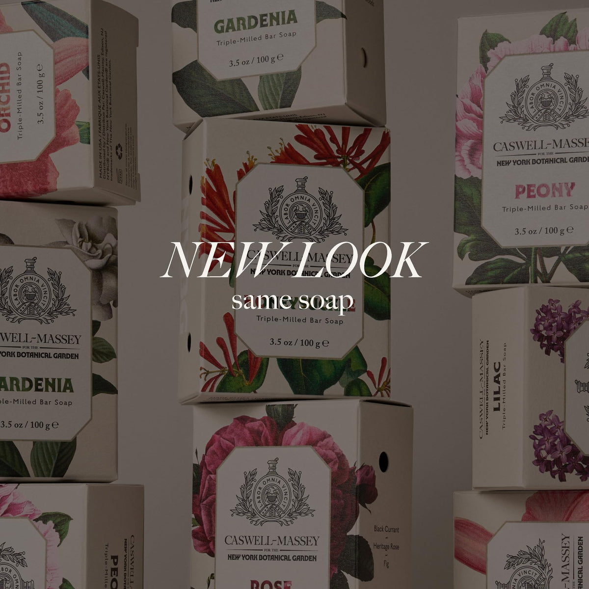 Caswell‑Massey botanicals with flowers and fruit indicating natural scents