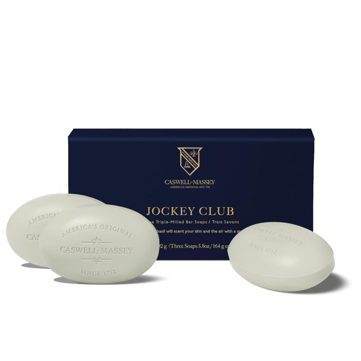 Caswell-Massey front packaging showing three-bar gift set and elegant branding benefit