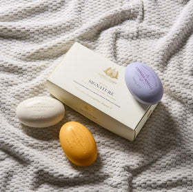 Caswell-Massey lavender bar staged in bathroom for calming scent and relaxation
