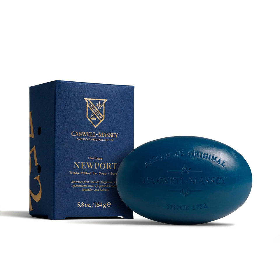 Caswell-Massey front packaging shows Newport bar and elegant branding benefit: gift-ready presentation